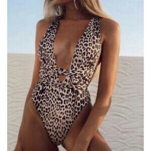 Bellanblue Swimsuit Plunging V Front Wrap Ties Leopard Print Peach Hi Cut Large